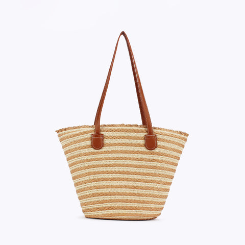 Handmade Woven Large Striped Beach Tote Shoulder Bag Zip Inner Pocket White Yellow