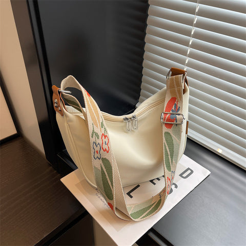 Large Capacity Canvas Crossbody Shoulder Bag Handbag Floral Strap Off White