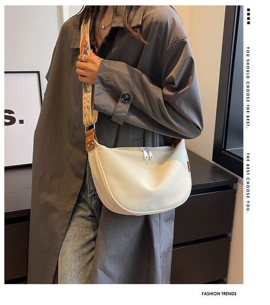 Large Capacity Canvas Crossbody Shoulder Bag Handbag Floral Strap Off White