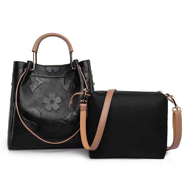 Floral Embossed PU Leather Tote Shoulder Bag Handbag Inner Pouch Black