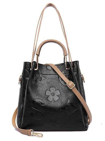 Floral Embossed PU Leather Tote Shoulder Bag Handbag Inner Pouch Black