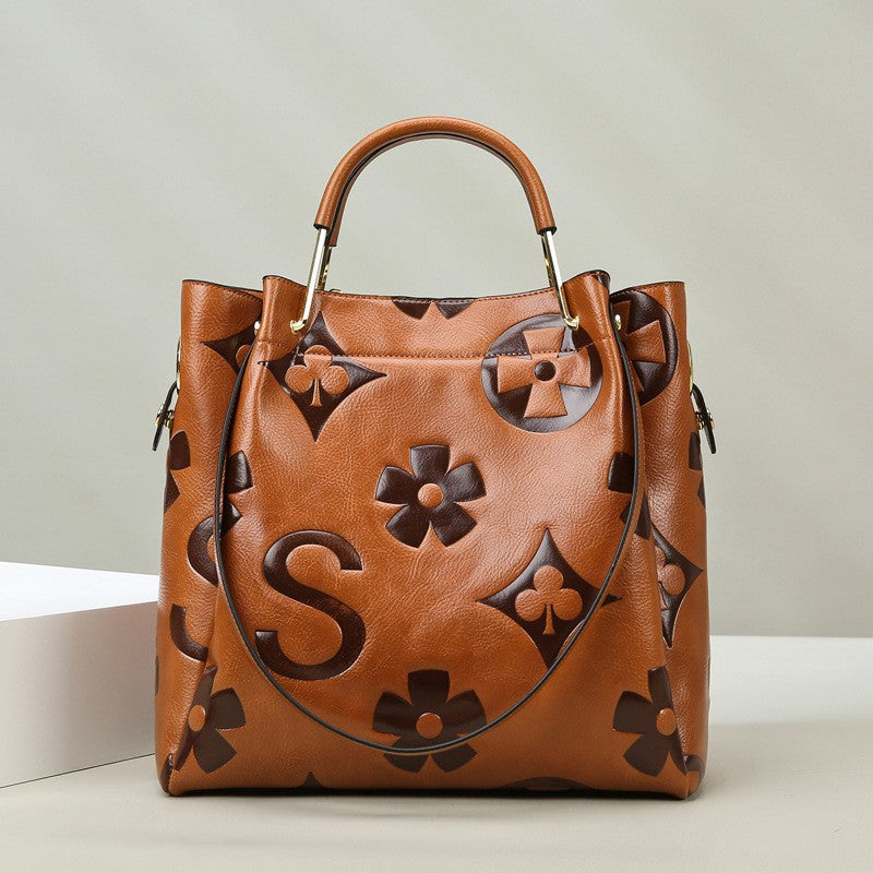 Floral Embossed PU Leather Tote Shoulder Bag Handbag Inner Pouch Brown