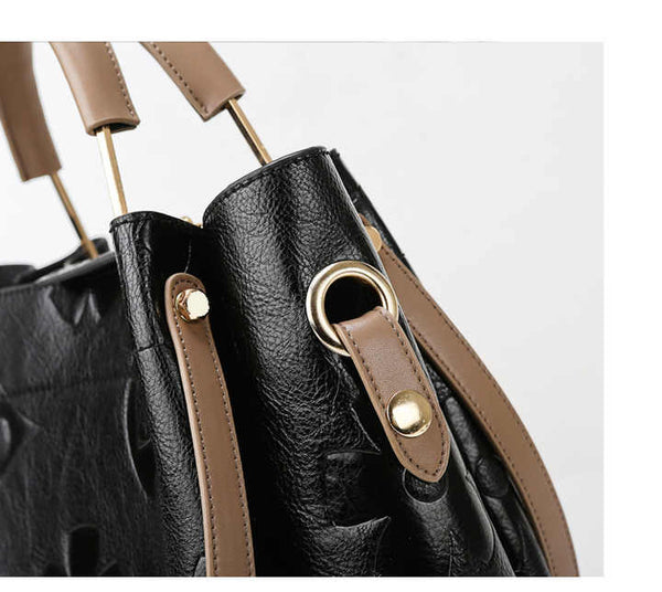 Floral Embossed PU Leather Tote Shoulder Bag Handbag Inner Pouch Brown