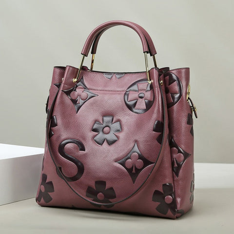 Floral Embossed PU Leather Tote Shoulder Bag Handbag Inner Pouch Purple