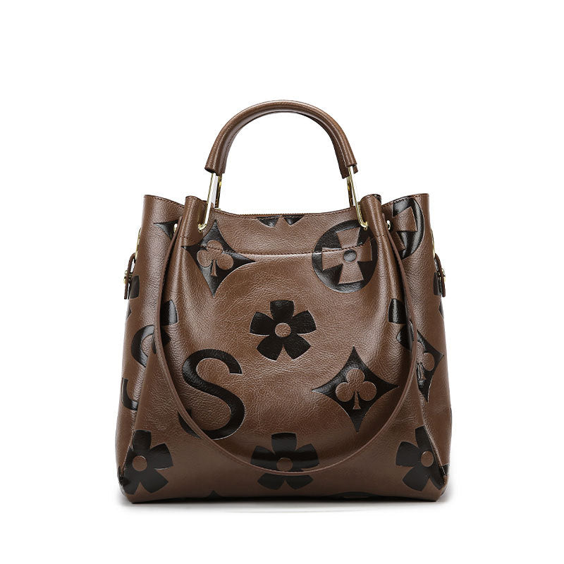 Floral Embossed PU Leather Tote Shoulder Bag Handbag Inner Pouch Dark Brown