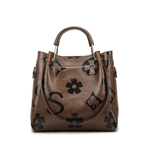 Floral Embossed PU Leather Tote Shoulder Bag Handbag Inner Pouch Dark Brown