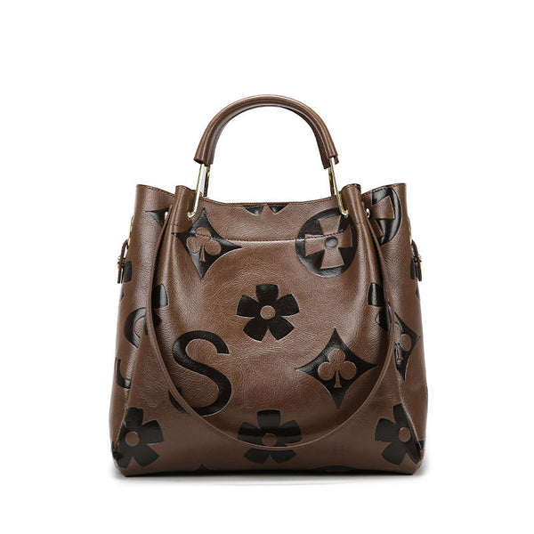 Floral Embossed PU Leather Tote Shoulder Bag Handbag Inner Pouch Dark Brown