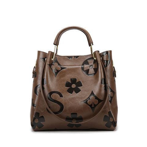 Floral Embossed PU Leather Tote Shoulder Bag Handbag Inner Pouch Dark Brown