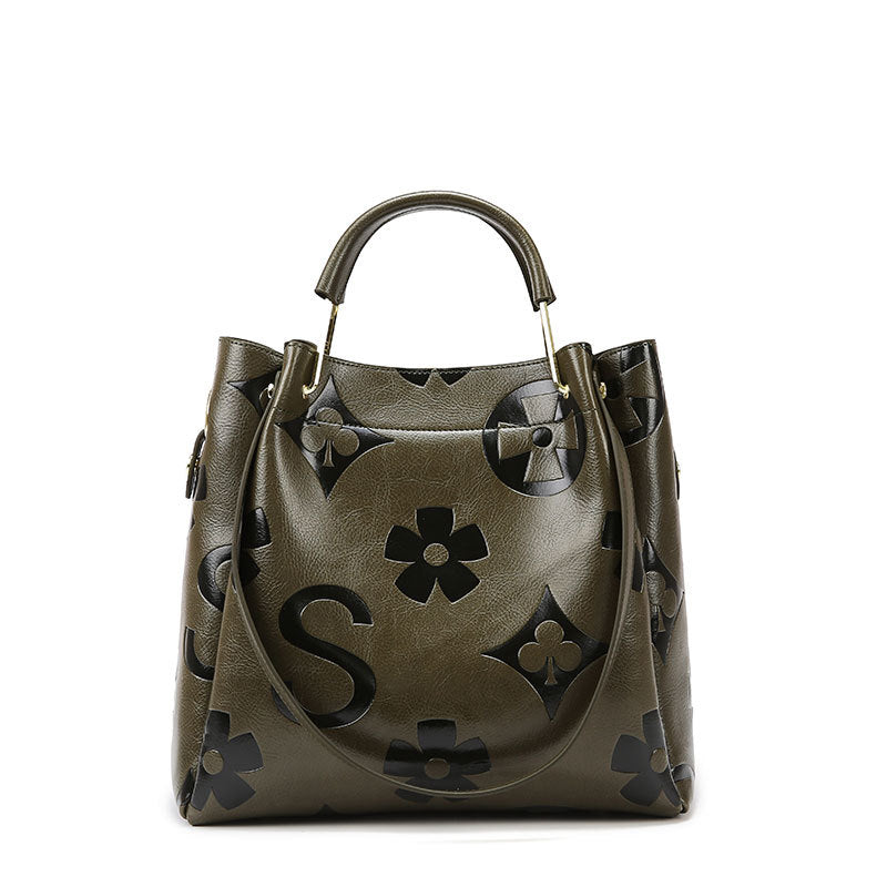 Floral Embossed PU Leather Tote Shoulder Bag Handbag Inner Pouch Dark Green
