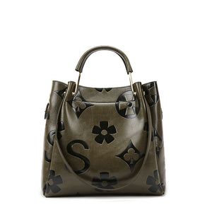 Floral Embossed PU Leather Tote Shoulder Bag Handbag Inner Pouch Dark Green