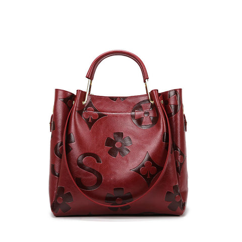 Floral Embossed PU Leather Tote Shoulder Bag Handbag Inner Pouch Dark Red