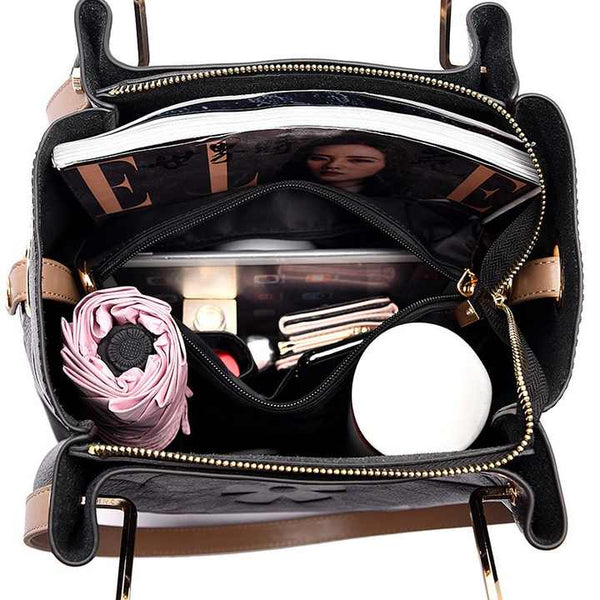 Floral Embossed PU Leather Tote Shoulder Bag Handbag Inner Pouch Dark Red