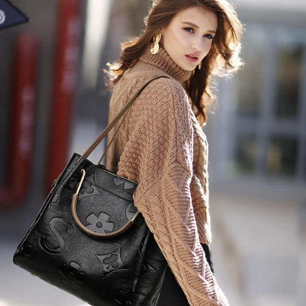 Floral Embossed PU Leather Tote Shoulder Bag Handbag Inner Pouch Dark Red
