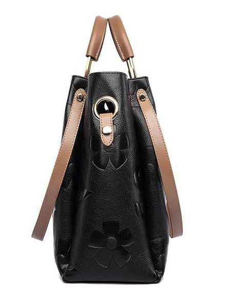 Floral Embossed PU Leather Tote Shoulder Bag Handbag Inner Pouch Dark Red