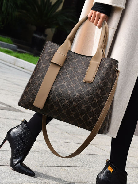 Classic Designer Look Fashion PU Leather Tote Shoulder Bag Handbag White Brown