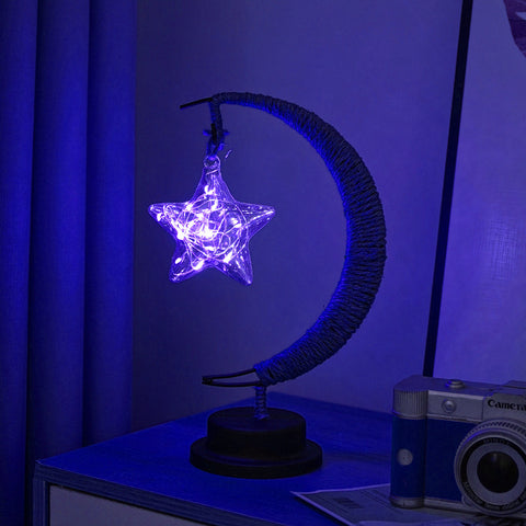 USB Powered Hemp LED Table Side Coffee Lamp Light Crescent Moon Blue Star