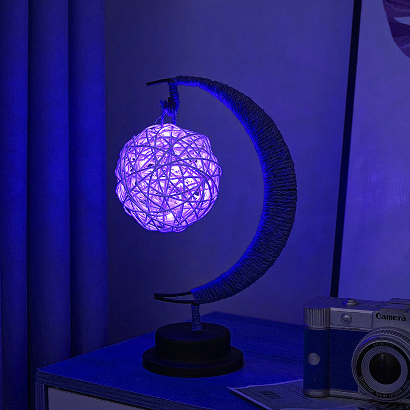 USB Powered Hemp LED Table Side Coffee Lamp Light Crescent Moon Blue Rattan Ball