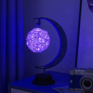 USB Powered Hemp LED Table Side Coffee Lamp Light Crescent Moon Blue Rattan Ball