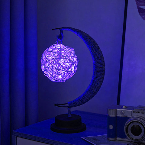 USB Powered Hemp LED Table Side Coffee Lamp Light Crescent Moon Blue Rattan Ball