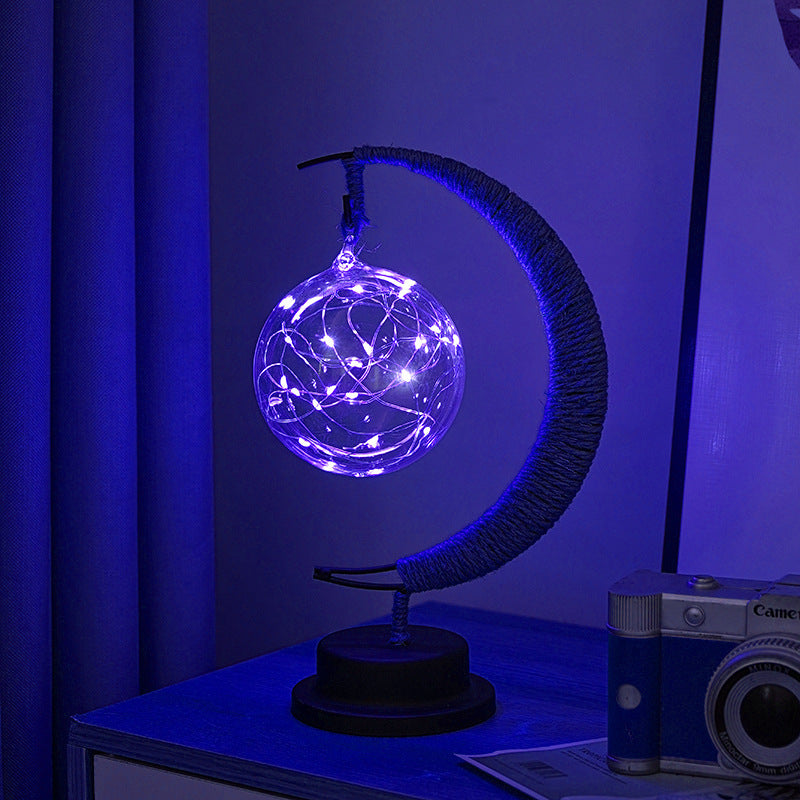 USB Powered Hemp LED Table Side Coffee Lamp Light Crescent Moon Blue Ball