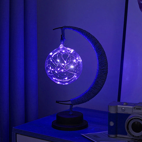 USB Powered Hemp LED Table Side Coffee Lamp Light Crescent Moon Blue Ball