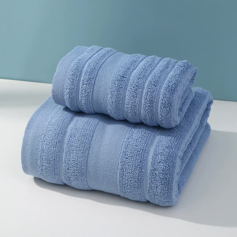 2 Piece Striped Cotton Bath Hand Towel Set Blue