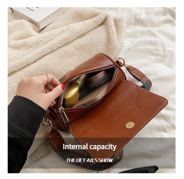 Faux PU Leather Barrel Cylinder Crossbody Shoulder Bag Adjustable Strap Coffee Brown