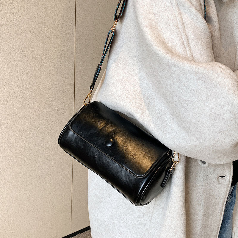 Faux PU Leather Barrel Cylinder Crossbody Shoulder Bag Adjustable Strap Black