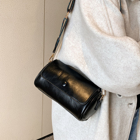 Faux PU Leather Barrel Cylinder Crossbody Shoulder Bag Adjustable Strap Black