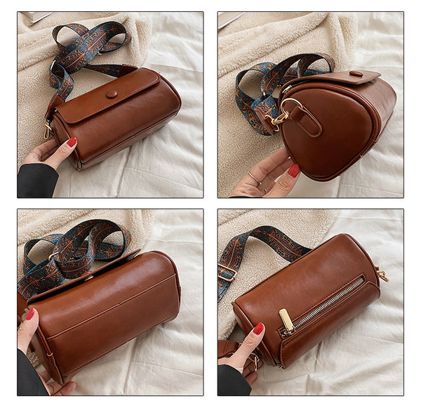 Faux PU Leather Barrel Cylinder Crossbody Shoulder Bag Adjustable Strap Black