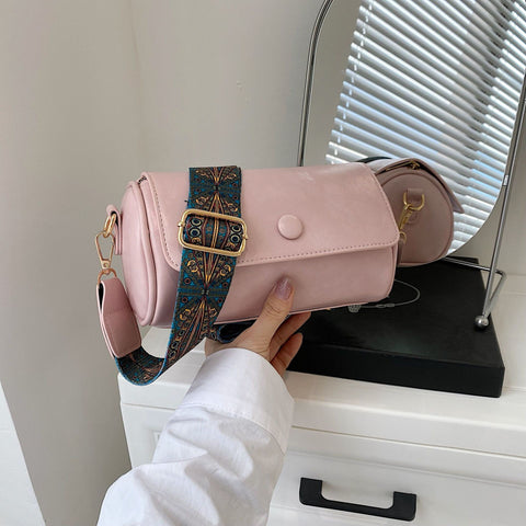 Faux PU Leather Barrel Cylinder Crossbody Shoulder Bag Adjustable Strap Pink
