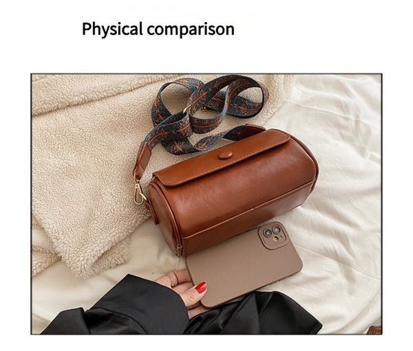 Faux PU Leather Barrel Cylinder Crossbody Shoulder Bag Adjustable Strap Beige