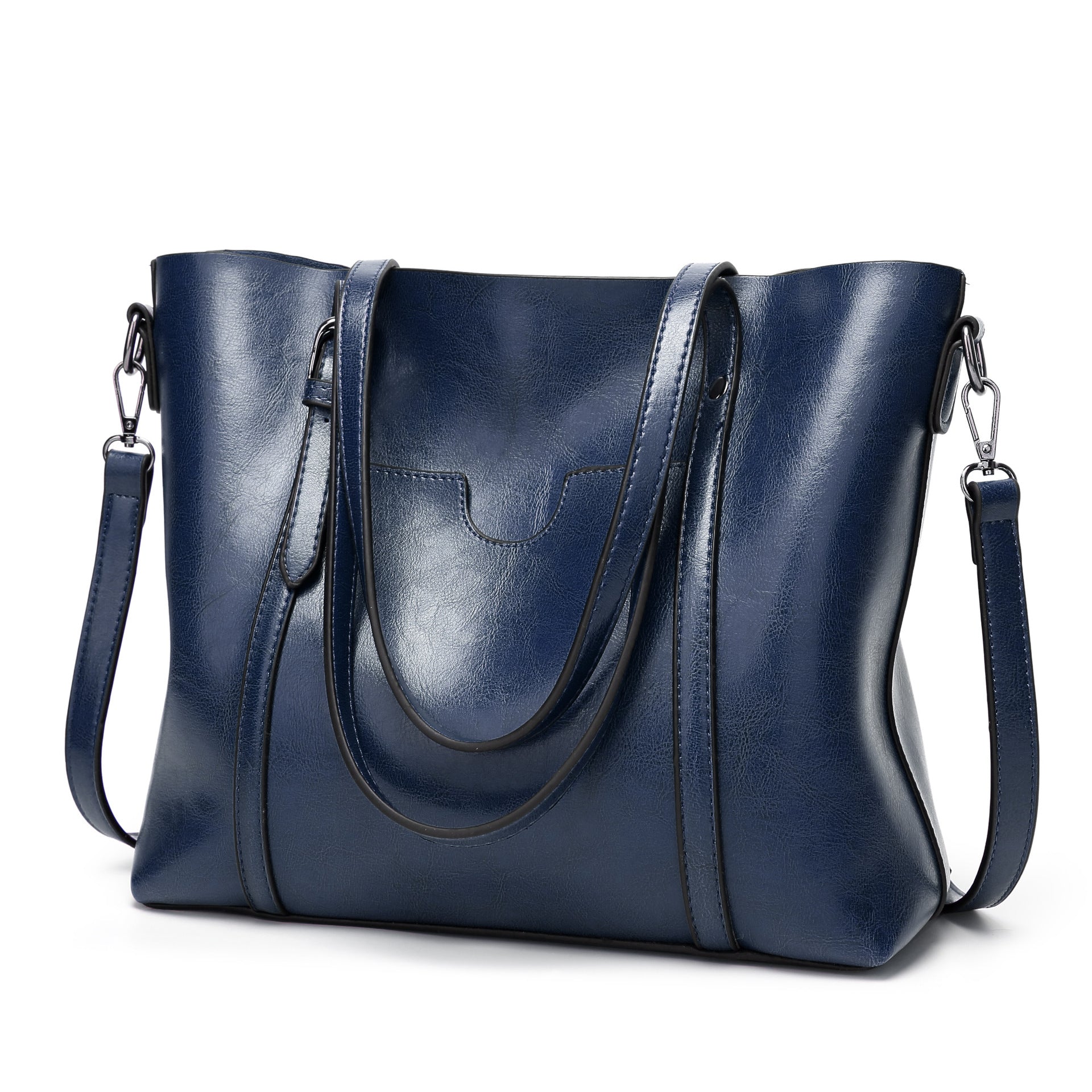 Faux PU Leather Tote Shoulder Bag Handbag Detachable Strap Dark Blue
