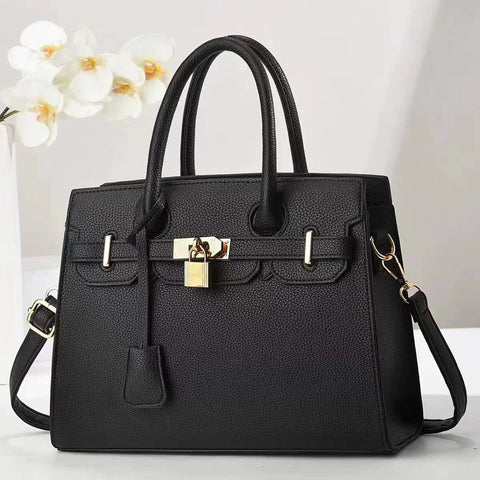 Faux PU Leather Tote Shoulder Bag Handbag Top Handle Lock Decoration Black