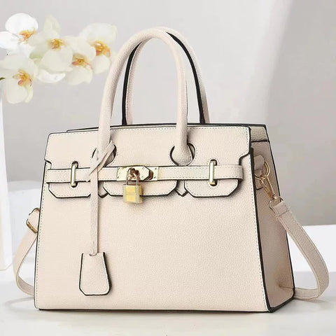Faux PU Leather Tote Shoulder Bag Handbag Top Handle Lock Decoration Beige