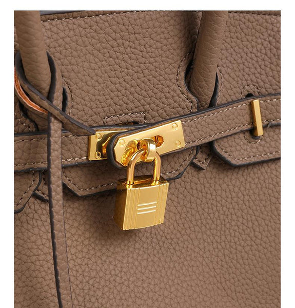 Faux PU Leather Tote Shoulder Bag Handbag Top Handle Lock Decoration Beige