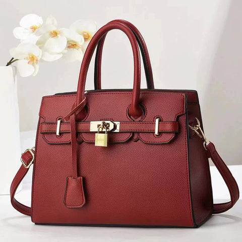 Faux PU Leather Tote Shoulder Bag Handbag Top Handle Lock Decoration Red