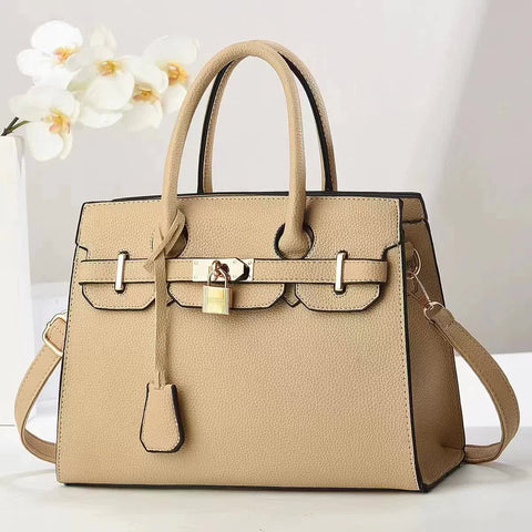 Faux PU Leather Tote Shoulder Bag Handbag Top Handle Lock Decoration Khaki