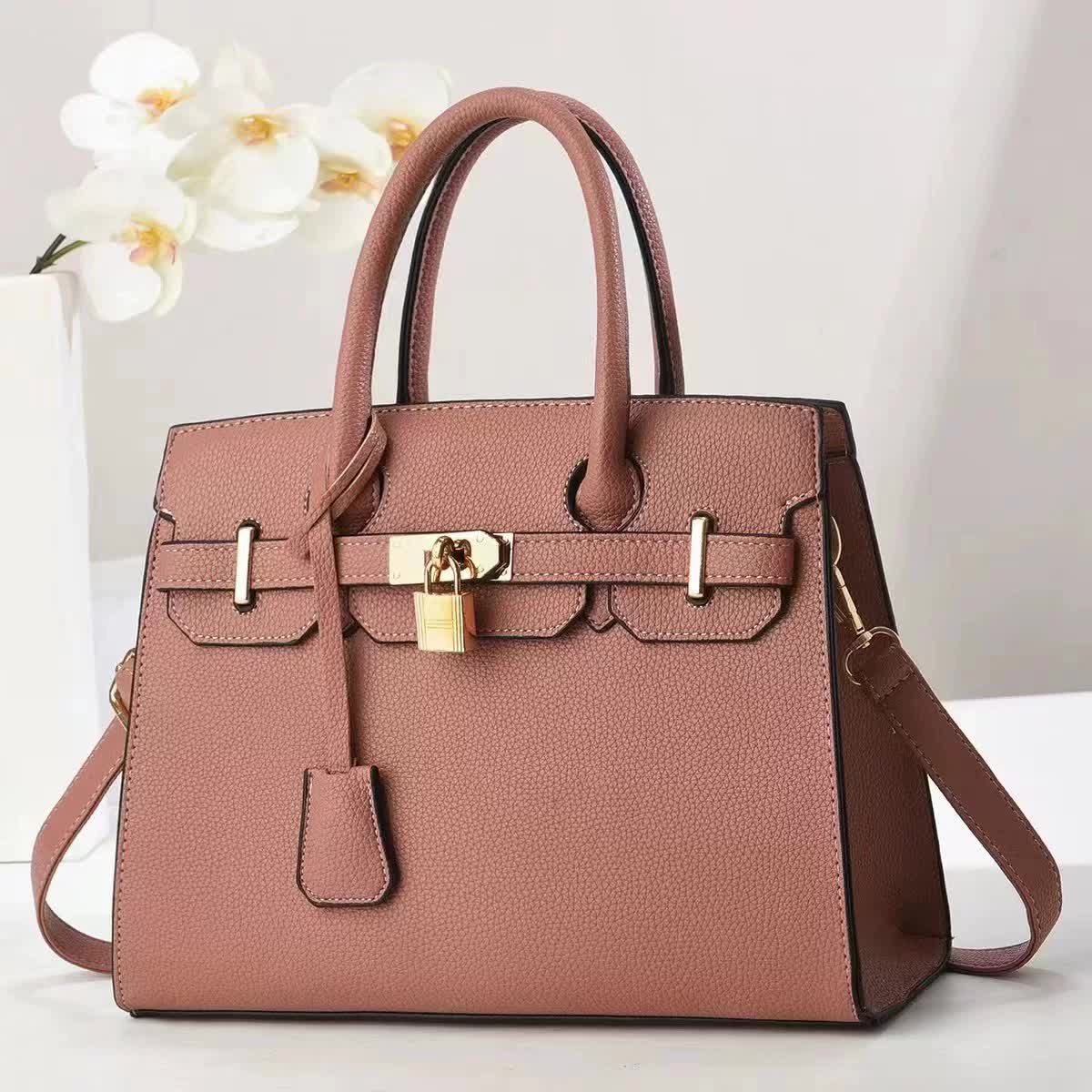 Faux PU Leather Tote Shoulder Bag Handbag Top Handle Lock Decoration Pink