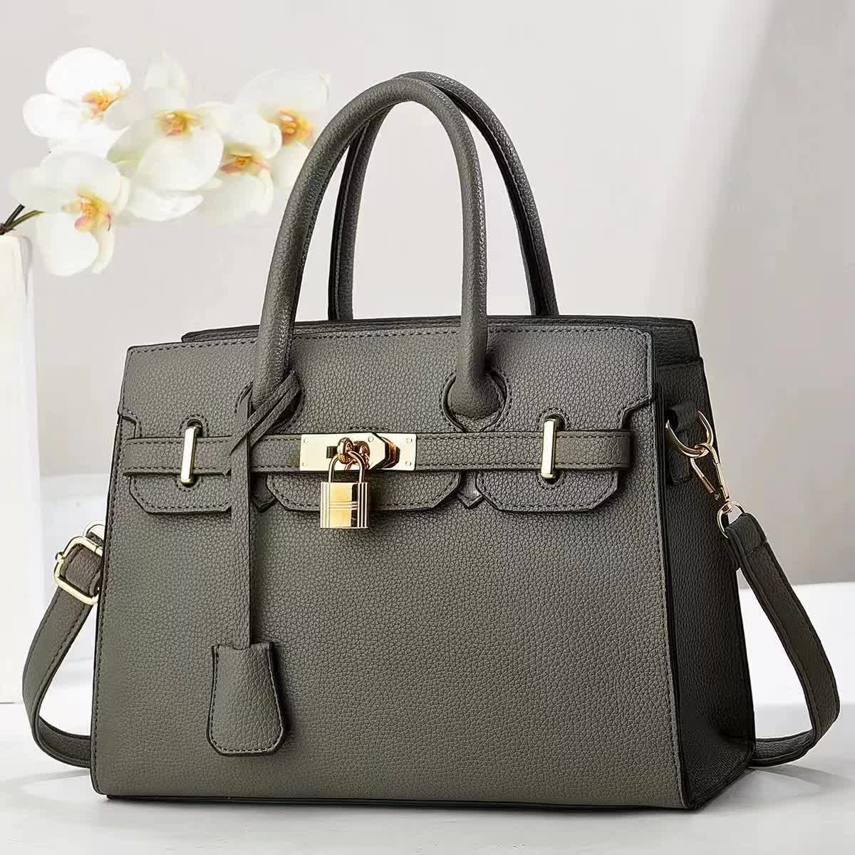 Faux PU Leather Tote Shoulder Bag Handbag Top Handle Lock Decoration Grey