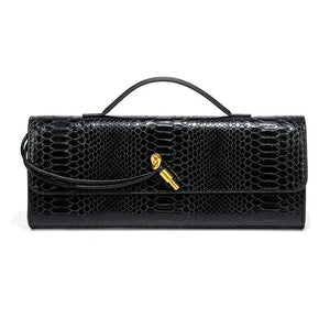 Faux PU Leather Snakeskin Clutch Crossbody Shoulder Bag Gold Accent Black