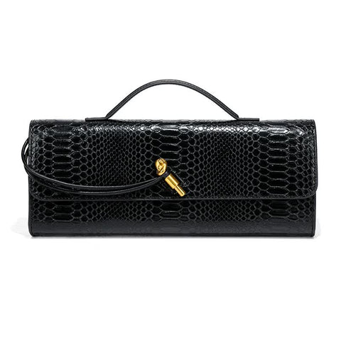 Faux PU Leather Snakeskin Clutch Crossbody Shoulder Bag Gold Accent Black