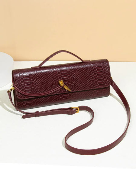 Faux PU Leather Snakeskin Clutch Crossbody Shoulder Bag Gold Accent Black