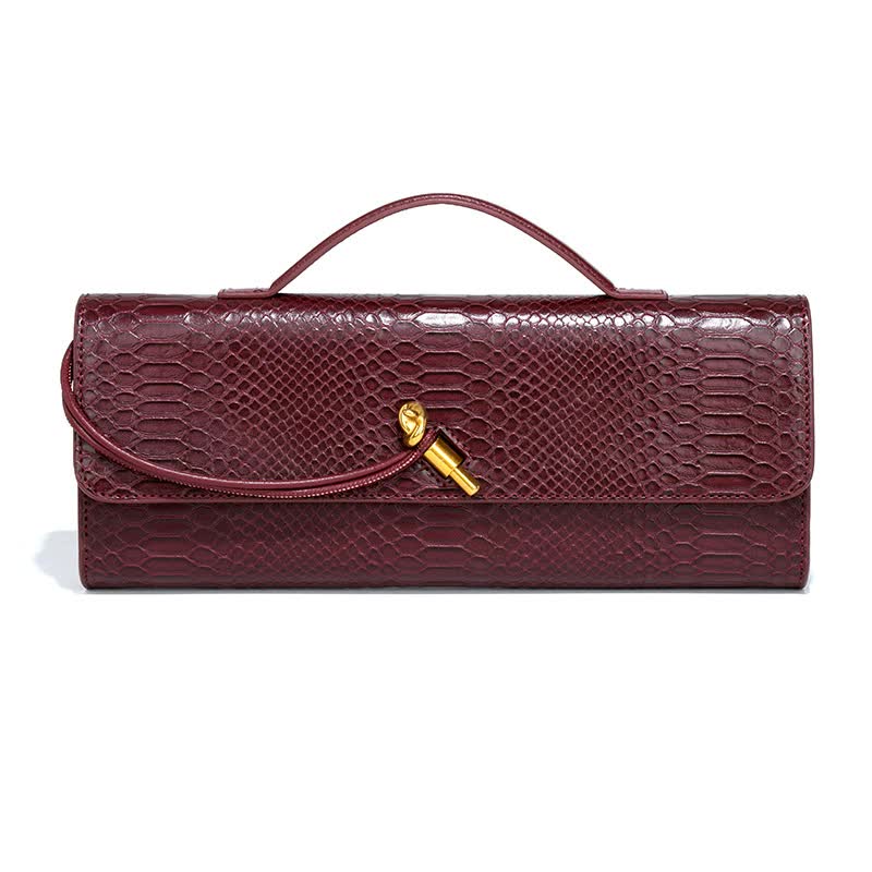 Faux PU Leather Snakeskin Clutch Crossbody Shoulder Bag Gold Accent Wine Red