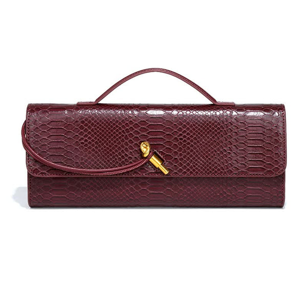Faux PU Leather Snakeskin Clutch Crossbody Shoulder Bag Gold Accent Wine Red