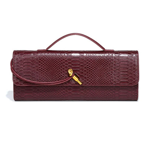 Faux PU Leather Snakeskin Clutch Crossbody Shoulder Bag Gold Accent Wine Red