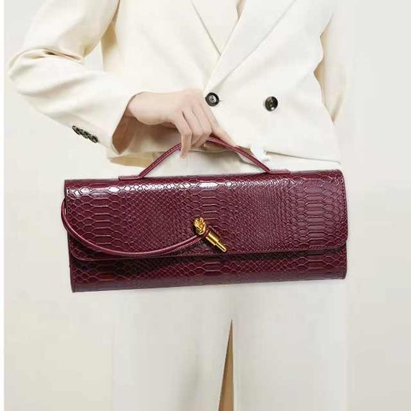 Faux PU Leather Snakeskin Clutch Crossbody Shoulder Bag Gold Accent Wine Red