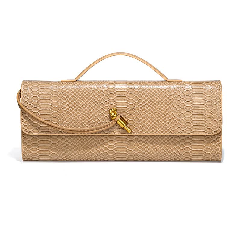 Faux PU Leather Snakeskin Clutch Crossbody Shoulder Bag Gold Accent Apricot