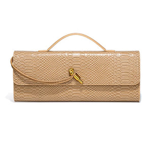 Faux PU Leather Snakeskin Clutch Crossbody Shoulder Bag Gold Accent Apricot