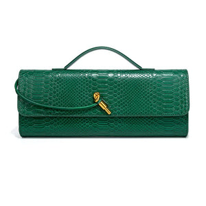 Faux PU Leather Snakeskin Clutch Crossbody Shoulder Bag Gold Accent Green